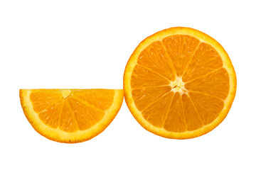 Half and slice of orange isolated on white background.