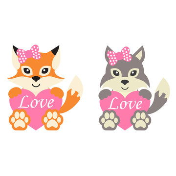 cute wolf and fox wih bow and heart vector