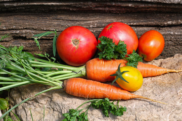 Fresh garden vegetables on stone with old wood background