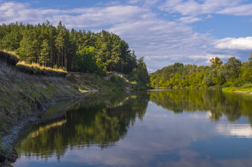 Fototapeta na wymiar River in forest. Fishing place