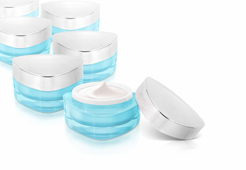 Many blue triangle cosmetic jar on white background