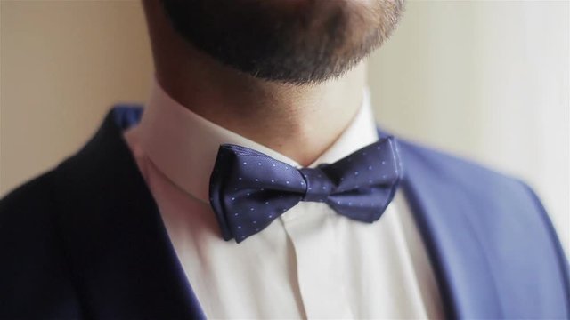 Male hands adjusting blue bowtie closeup. Well-dressed young man touching puts and adjusts touching funky dots bow tie on white shirt. Dressing man straightens bow-tie shallow depth of field