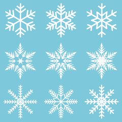 Naklejka na ściany i meble nine white snowflakes set on a blue background icon winter crystal snow vector