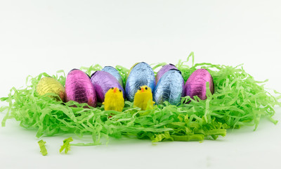 Easter Eggs on green paper with chicken
