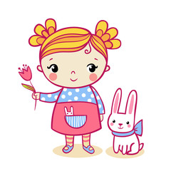 Little girl holding a flower. Vector illustration of a child and a hare on a white background.