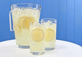 Lemonade jug and two glasses.