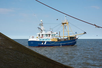 Naklejka premium Fishing boat framed by fishing net in the Waddenzee, the Netherlands.