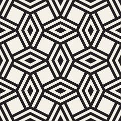 Geometric Ornament With Striped Rhombuses. Vector Seamless Monochrome Pattern