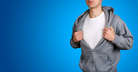 Superhero opening pullover, blank white t-shirt empty