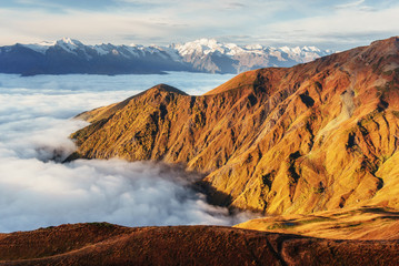 Fototapeta premium Thick fog on the mountain pass Goulet. Georgia, Svaneti. Europe.