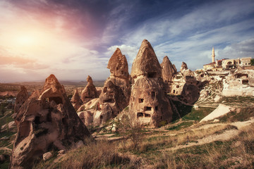 Review unique geological formations in Cappadocia, Turkey. Kappa - obrazy, fototapety, plakaty