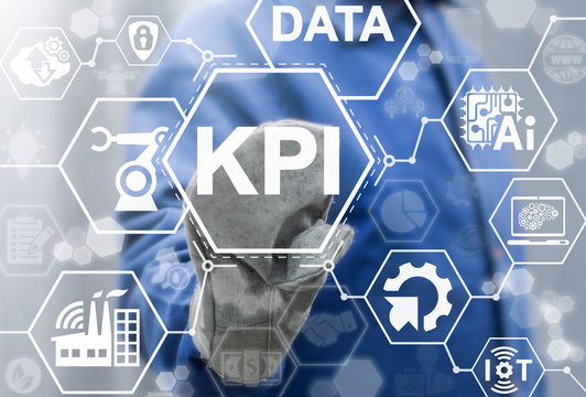 Key performance indicator industry 4.0 strategy integration computing concept. Worker touched KPI word icon on virtual screen. Industrial IT, IoT, AI, big data, robotic automation technology