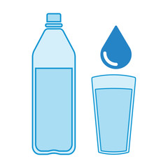 Plastic bottle and glass of water. Water drop sign. Vector illustration