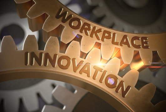 Workplace Innovation Concept. Golden Gears. 3D Illustration.