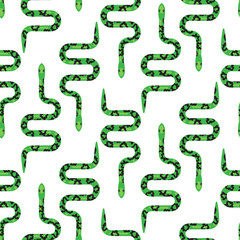 Green snake on white seamless pattern vector. Serpent fabric print wild reptile animal.