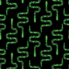 Green snake on black seamless pattern vector. Serpent fabric print wild reptile animal.