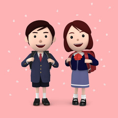 小学生 入学式の男の子と女の子　桜背景ピンク05