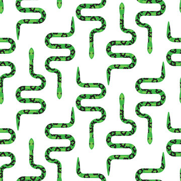 Green snake on white seamless pattern vector. Serpent fabric print wild reptile animal.