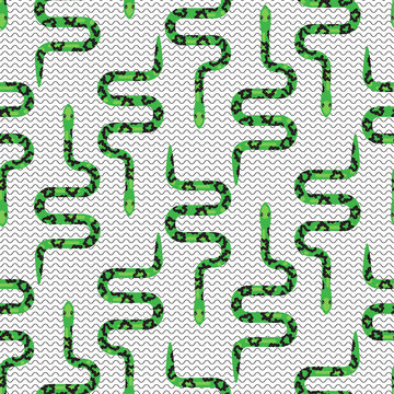 Cartoon snake on white with fine stripes seamless pattern vector. Serpent fabric print wild reptile animal.