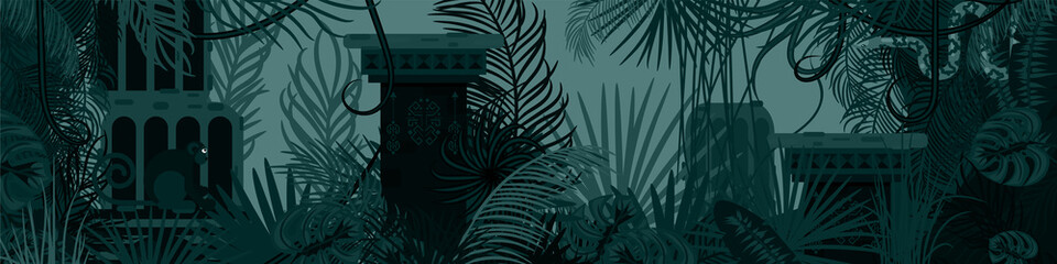 Horizontal old tropic forest nature background. Dark green and blue palm leaves, tree branches and tribal stone buildings vector.