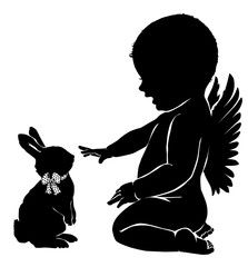Silhouettes angel baby and  Easter Bunny