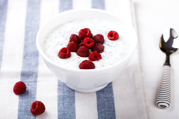 Yogurt with Chia seeds and fresh Raspberries and Honey.Concept of Healthy Eating.Breakfast. selective focus.
