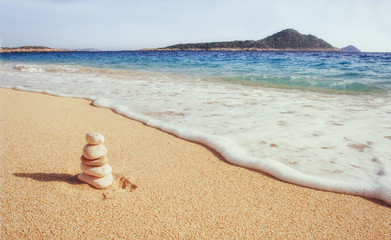 view of sandy beach and surf waves on the shore.