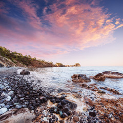 Fantastic panoramic view the rocky coast of the sea