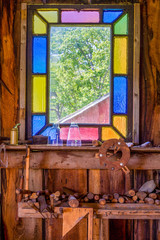 Fototapeta na wymiar Stained Glass Window in Old Carpenter Shop