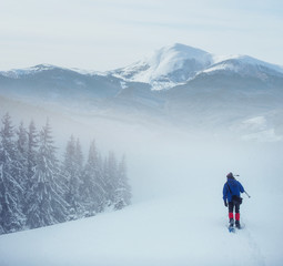Fototapeta na wymiar hiker with snowshoes in winter. Carpathian, Ukraine, Europe