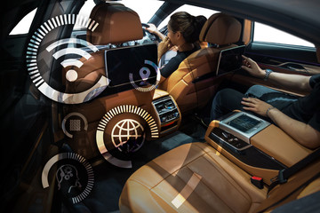 Smart car and internet of things (IOT) concept. Technology icons and Hightech vehical background
