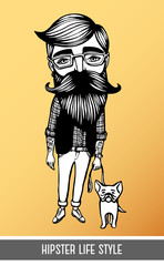 Hipster with mustache, beard and dog. Hand-Drawn Doodle. Vector Illustration - stock vector. Hand drawn cartoon character. Bearded man with French Bulldog