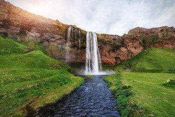Seljalandfoss waterfall. Beautiful summer sunny day