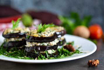 Appetizer of eggplant and nut sauce, cilantro and garlic