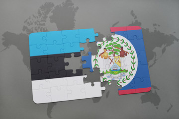 puzzle with the national flag of estonia and belize on a world map