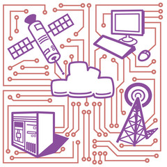 Cloud storage surrounded by a  satellite, a desktop computer, a server and a cell phone tower. Linking all together are the trader routes of a circuit board.
