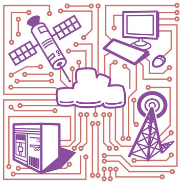 Cloud storage surrounded by a  satellite, a desktop computer, a server and a cell phone tower. Linking all together are the trader routes of a circuit board.
