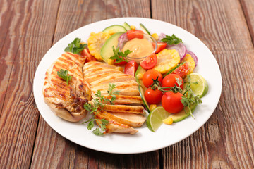 fried chicken with vegetable, barbecue
