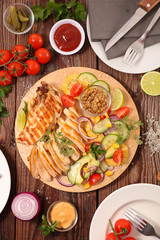 fried chicken with vegetable, barbecue