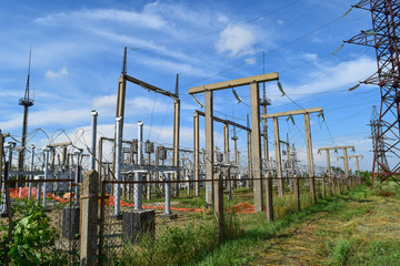Electric substation. power transmission equipment. Stobo, wires and insulators.