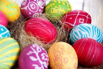 Closeup of beautiful Easter eggs. Easter.
