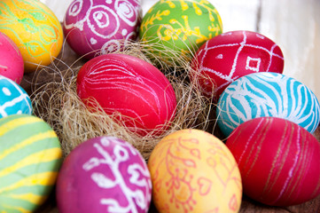 Closeup of beautiful Easter eggs. Easter.
