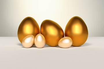 Illustration of a set of golden shiny Easter eggs on white background. Digitally generated image.