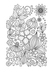 Doodle floral pattern in black and white. Page for coloring book: relaxing job for children and adults. Zentangle drawing.