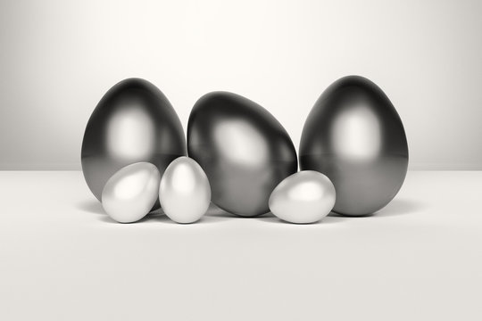 Illustration of a set of shiny Easter eggs in black and white colors. Digitally generated image.