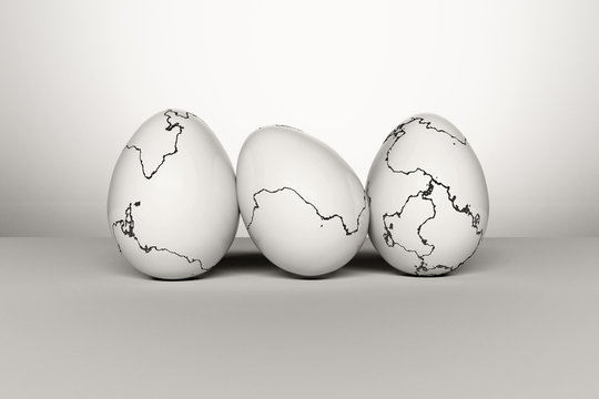 Illustration of a set of Easter eggs with cracks on the surface of the shells. Digitally generated image in black and white color.