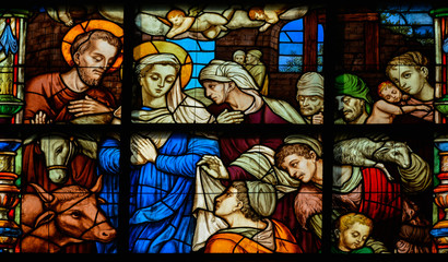 Stained glass of the Adoration of the Shepherds, Seville Cathedral, Spain