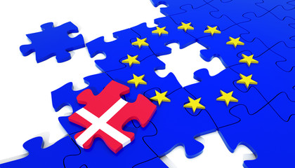 Fototapeta premium European Union Puzzle and one Puzzle Piece with Denmark Flag. 3D illustration