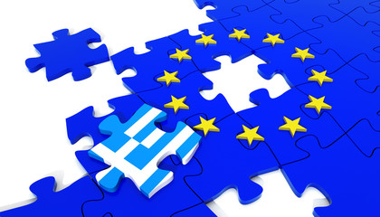Fototapeta premium European Union Puzzle and one Puzzle Piece with Greece Flag. 3D illustration