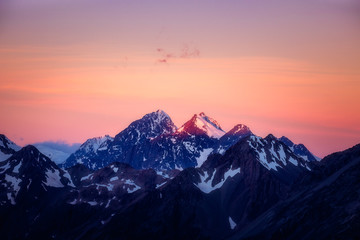 Dramatic colorful mountain sunset in Mt Cook area, NZ